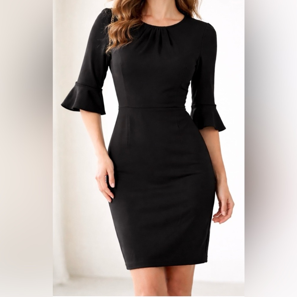J Crew Black Ponte Knit 3/4 Bell Sleeve Sheath Dress Women's Size 2